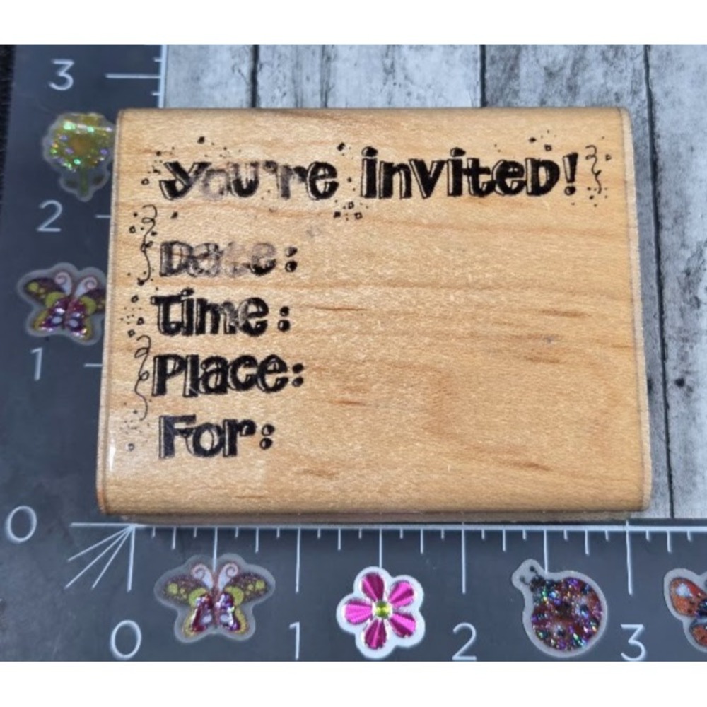 Dots You're Invited Date Time Party Confetti N107 Rubber Stamp Wood #P76
